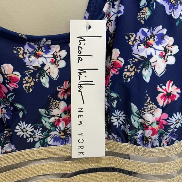 NICOLE MILLER Navy Blue Floral Bathing Suit Swimsuit Mesh One Piece Size Medium - Picture 7 of 8
